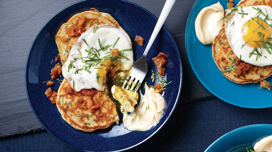 Herbed Pancakes with Fried Kimchi and Eggs